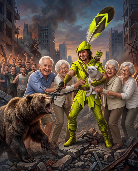 A heroic figure dressed as Robin Hood, complete with a feathered green hat and a white cat, stands triumphantly in a post-apocalyptic ruined city, holding a crossbow while smiling alongside a group of cheerful elderly people and a menacing snarling bear. The image captures the playful spirit of the post's caption "Let the boomers walk with you," depicting the Robin Hood character courageously leading and protecting the senior citizens amid the chaos of destruction.
