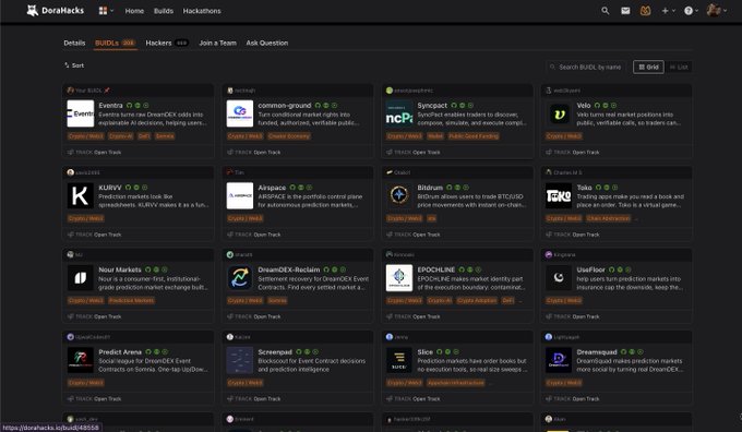 A screenshot of the DoraHacks website showing a list of BUIDLs from hackathon projects including Evento, common-ground, Syncpact, Velo, KURVY, Attopsis, Bildirium, Tokr, Noui Markets, DreamDEX-Reclaim, EPOCHLIME, UselPoop, Predict Arena, Screenpad, Silica, and Dreamsquad.