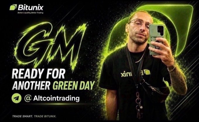 The image is a Bitunix promotional graphic featuring a man taking a mirror selfie, with the large text "GM — READY FOR ANOTHER GREEN DAY" and the handle "@Altcointrading" displayed against a black and neon-green background.

The "GM" (Good Morning) greeting and "Green Day" crypto-trading slang align with the post's motivational tone about market discipline, reinforcing the message of starting the day focused on smart, rule-based trading rather than chasing lucky wins.