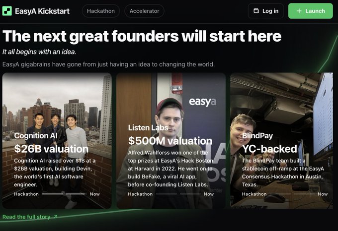 The image shows a screenshot of a website called EasyA KickStart, which has a lot of text displayed on its screen that appears somewhat unrelated to the main content. The top part of the page features three headshots of men dressed up with logos such as $CPX and $ANT, possibly representing different companies or organizations. Below these images is a banner with information related to EasyA KickStart. This post could be promoting EasyA KickStart's launchpad and showcasing different entrepreneurs who will participate in its next batch of billion dollar funding.