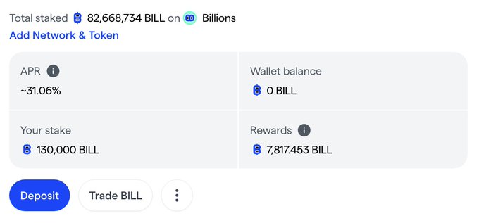A cryptocurrency staking dashboard showing 82,668,734 BILL tokens staked on Billions with an APR of ~31.06%, a user stake of 130,000 BILL, and rewards of 7.817453 BILL.