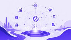 A futuristic purple-themed digital graphic showing a network of connected icons (charts, currencies, buildings, documents) surrounding a central symbol above a glowing platform.
