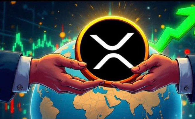 A vibrant digital illustration features two hands holding up the XRP/X logo coin above a globe, with green upward arrows and candlestick charts in the background.
