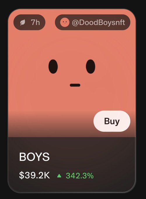 A coral-colored social media post by @DoodBoysnft features a simple cartoon face alongside a "Buy" button and the ticker "BOYS," showing a price of $39.2K with a 342.3% gain. The image visually reinforces the post's call to "trust the feeling," serving as a bullish "signal" to buy into the BOYS asset amid its significant price surge.