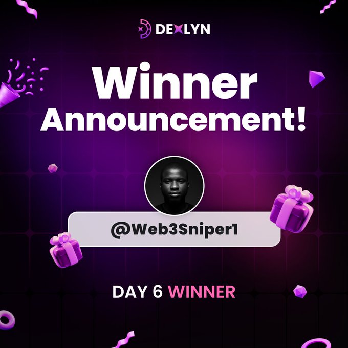 The image features a celebratory announcement for a person's birthday with purple, pink, and black colors. The poster has an image of a man against a dark background along with some gift boxes around him. A banner is displayed above that reads "Winner Announcement!" on a grid pattern. There are also the names of two people who contributed to this event: "@Web3Sniper1" and "@Web33Sniper!".