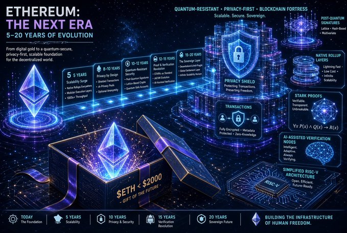The image is an infographic titled "ETHEREUM: THE NEXT ERA" outlining a 5-20 year evolution roadmap with stages including 5 Years (Scalability Surge), 10 Years (Privacy & Security), 15 Years (Verification Revolution), and 20 Years (Sovereign Future), highlighting features like quantum resistance, privacy shield, native rollup layers, and zk-proof verification. It features the Ethereum logo, a "$ETH = $2000" label, and themes of building the infrastructure of human freedom, illustrating Vitalik Buterin's long-term vision for transforming Ethereum from digital gold to a quantum-secure, privacy-first blockchain fortress.