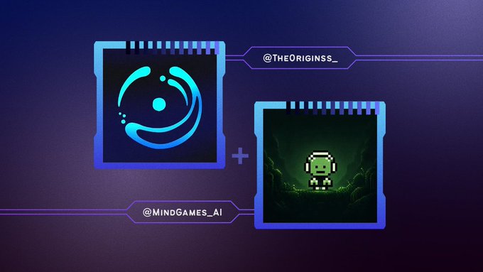 A promotional graphic showing a collaboration between @THEORIGINSS_ and @MINDGAMES_AI, featuring two stylized digital avatar icons on a dark blue background.