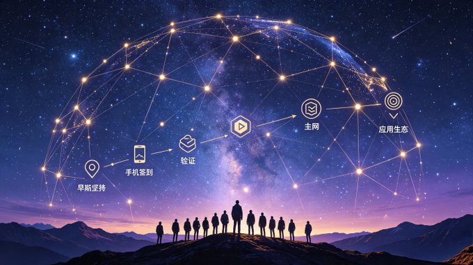 A group of silhouettes stands atop a mountain beneath a constellation-like network dome, with labeled icons reading "早期坚持" (early persistence), "手机挖矿" (mobile mining), "验证" (verification), "主网" (mainnet), and "应用生态" (application ecosystem), illustrating the 7-year journey of Pi Network pioneers from simple daily taps to mainnet and ecosystem development.