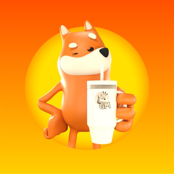 The image features a cartoon dog holding a cup with a straw, possibly containing a drink or coffee. The background of the image is orange, which could be an indication that the photo was taken during sunset. There are no other objects or texts present in the image.