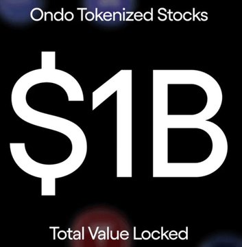 A digital graphic displaying '$1B Total Value Locked' for 'Ondo Tokenized Stocks' in large white text on a black background.