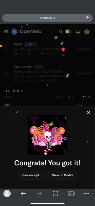A screenshot from opensea.io showing an OpenSea interface with a pop-up modal reading 'Congrats! You got it!' with options to 'View receipt' or 'View on Profile,' displaying a skull-themed NFT artwork.