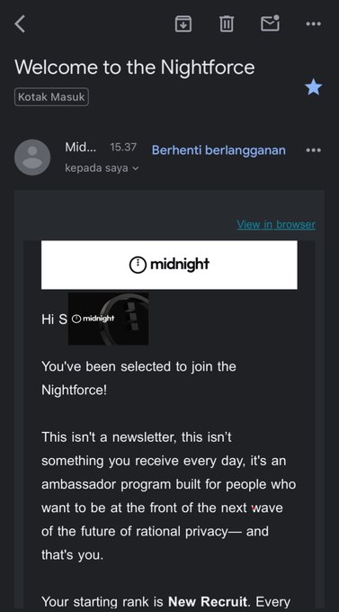 An email screenshot titled 'Welcome to the Nightforce' from 'midnight' inviting the recipient to join an ambassador program, with 'Kotak Masuk' and 'Berhenti berlangganan' visible in Indonesian.