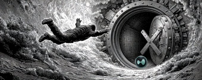 A black and white engraved-style illustration of an astronaut floating through a turbulent, wave-like cloud formation toward a large, circular metal vault door marked with a large 'X'.