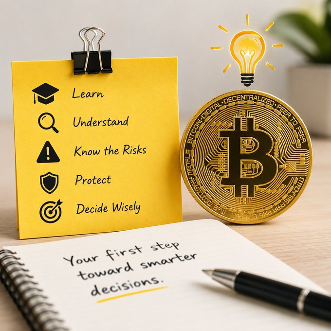A bright yellow note with a checklist ("Learn, Understand, Know the Risks, Protect, Decide Wisely") sits beside a Bitcoin coin and a notebook reading "Your first step toward smarter decisions," visually reinforcing the post's advice to approach $BTC investing through research and caution rather than hype.