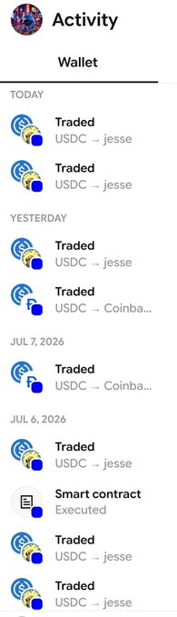 Activity feed for a Wallet showing trade transactions of USDC to 'jesse' and 'Coinba...', along with a smart contract execution, dated across recent days and July 2026.