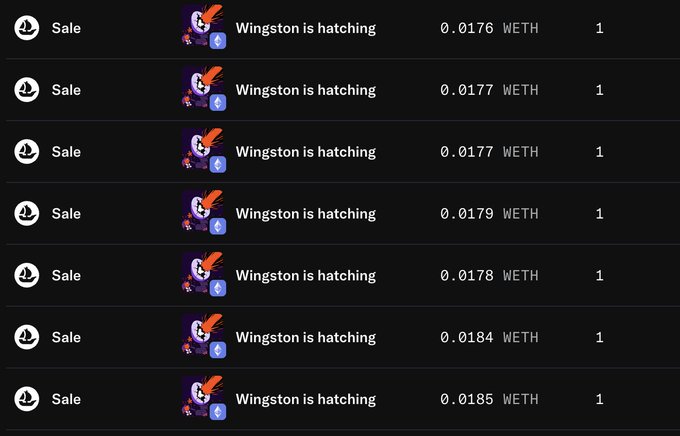 The image shows a marketplace listing with seven consecutive "Sale" entries for "Wingston is hatching" NFTs, priced between 0.0176 and 0.0185 WETH each. This aligns with the post's mention of RallyOnChain's Wingston currently trading in the 0.017-0.018 ETH range while minting remains ongoing.