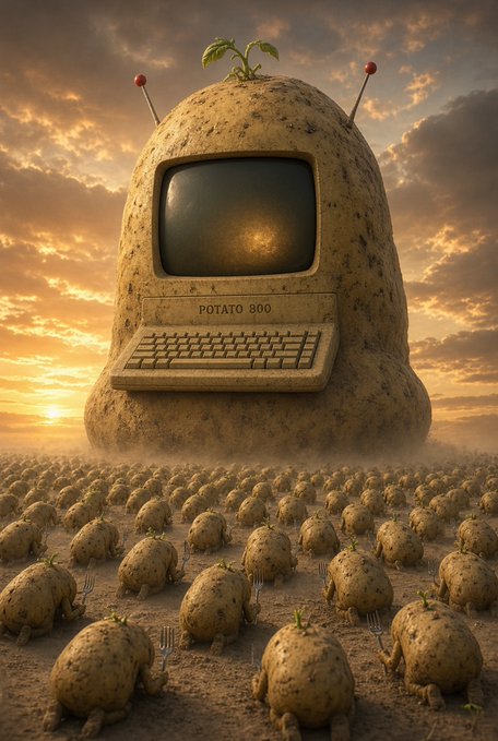 Surreal digital art depicting a giant vintage computer shaped like a potato labeled 'POTATO 800' with a sprouting plant on top, surrounded by a field of smaller potatoes with forks in the ground at sunset.