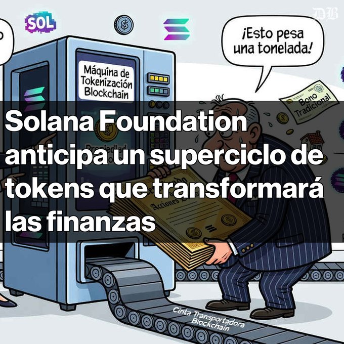 A cartoon illustration shows a man in a suit carrying a heavy stack of gold coins and bonds into a 'Máquina de Tokenización Blockchain' labeled with the SOL ticker and Solana logo. The Spanish headline reads: 'Solana Foundation anticipa un superciclo de tokens que transformará las finanzas.'