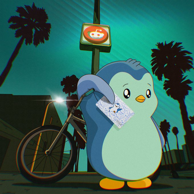 The image features a penguin standing next to a bicycle with an envelope attached to its back. The penguin appears to be holding the envelope, possibly containing some important information or a message related to the post about joining the Redditor community on Reddit. The scene is set in front of a building and palm trees, creating a unique and interesting atmosphere for this unusual encounter between the penguin and bicycle.