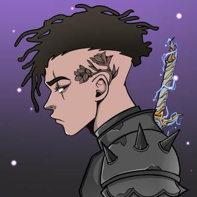 A cartoon-style illustration of a person with dreadlocks and shaved leaf designs on their head, wearing a spiked shoulder armor, with a glowing lightning-wrapped sword behind them against a purple starry background.