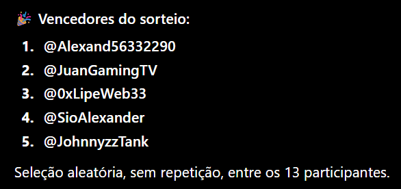 A screenshot on a dark background lists 'Vencedores do sorteio:' followed by five winners: @Alexand56332290, @JuanGamingTV, @0xLipeWeb33, @SioAlexander, and @JohnnyzzTank, noting a random selection without repetition among 13 participants.