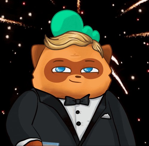"Congrats @TheDojoGuild!" is a caption that appears at the bottom of the image, indicating that someone has posted this picture on social media or another platform. The image features an orange cartoon cat wearing a black suit with a green bowtie and a hat adorned with a single balloon.!