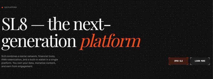 The image shows a promotional banner for "SL8 — the next-generation platform" with the subtitle "SL8 PLATFORM" in the top left, describing it as combining a social network, financial tools, RWA tokenization, and a built-in wallet, with "OPEN SL8" and "LEARN MORE" buttons on the right.

The image appears to be a generic platform advertisement for SL8, which doesn't directly relate to the accompanying post about cassator's Ukraine Independence Day staking event with its tiered APY rates (18%, 28%, and 90-day options).