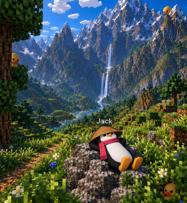 A Minecraft-style 3D render featuring a penguin character wearing a conical hat and red scarf, labeled 'Jack,' sitting on a rock in a vibrant blocky landscape with mountains and a waterfall, with small chick characters peeking out.