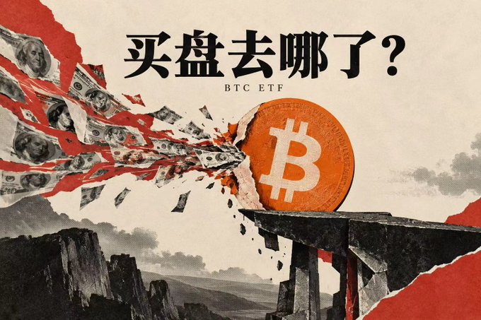 The image shows dollar bills flowing toward a Bitcoin coin perched on a crumbling cliff, with Chinese text reading "买盘去哪了？" (Where did the buying go?) and "BTC ETF" below it. The illustration visually reinforces the post's theme by depicting the fragile support of ETF-driven buying interest, suggesting the cash stream sustaining Bitcoin's price could easily fall off the edge as sentiment shifts.