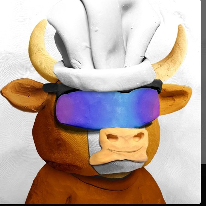 3D rendered image of a bull character wearing a white chef's hat and iridescent purple-blue visor sunglasses against a white textured background.