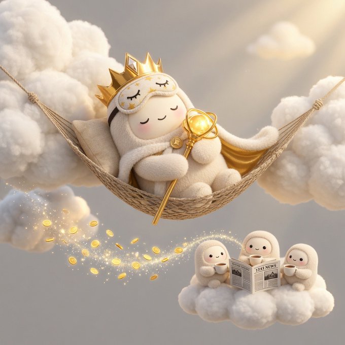 A whimsical 3D illustration showing a cute white cat-like character wearing a gold crown and sleep mask, napping in a hammock strung between clouds while holding a golden scepter, with small cloud creatures reading a newspaper below and golden coins scattered with sparkles.