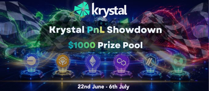 Promotional banner for Krystal PnL Showdown with a $1000 prize pool running from 22nd June to 6th July, featuring cryptocurrency icons at the bottom.