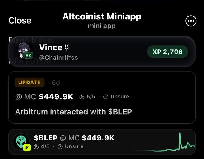 A screenshot of the 'Altcoinist Miniapp' interface showing a user profile 'Vince (@Chainriffsss)' with 'XP 2,706', displaying an update that 'Arbitrum interacted with $BLEP' with a market cap of $449.9K.