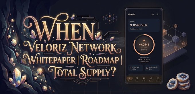 The image is a promotional banner featuring ornate gold lettering asking "When Veloriz Network Whitepaper | Roadmap | Total Supply?" alongside a smartphone displaying a Veloriz wallet app showing a balance of 9.0543 VLR with staking options. It directly illustrates the community's concerns mentioned in the post, serving as a visual representation of the unanswered questions about Veloriz Network's documentation, development plans, and tokenomics.
