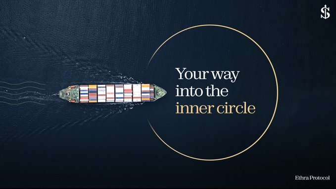 Aerial view of a cargo ship at sea with the text 'Your way into the inner circle' and the 'Ethra Protocol' branding.