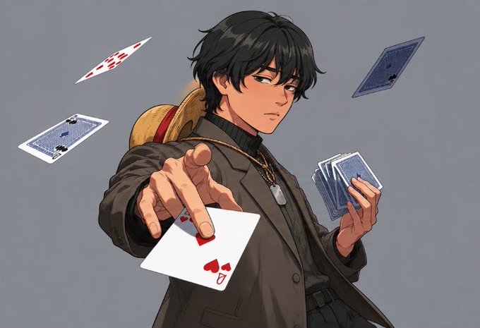 An anime-style illustration of a dark-haired male character in a dark coat wearing a straw hat, performing a card trick with floating playing cards including the ace of hearts.