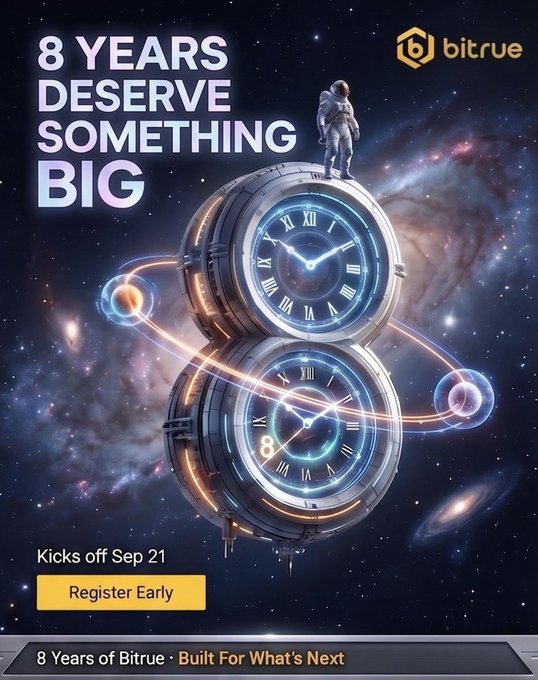 A promotional advertisement for Bitrue cryptocurrency exchange featuring an astronaut standing on a figure-8 shaped clock in space, with text '8 YEARS DESERVE SOMETHING BIG' and 'Kicks off Sep 21'.