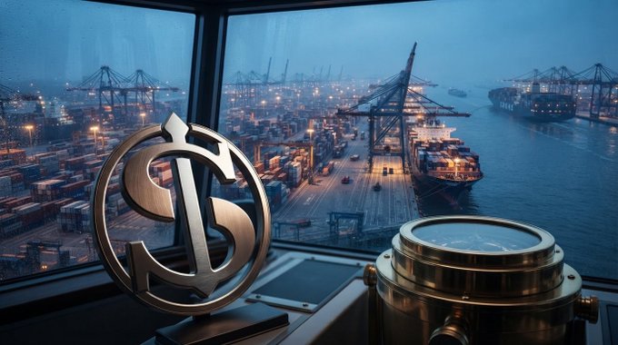 A metallic dollar sign sculpture and brass maritime instrument sit in the foreground overlooking a busy container port at dusk with cranes and cargo ships.