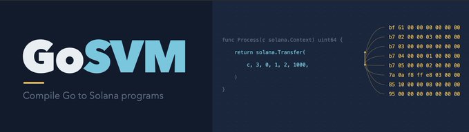 GoSVM logo with the tagline "Compile Go to Solana programs" alongside example Go code for a Solana transfer and its compiled bytecode output. The image visually represents the announcement of open-sourcing GoSVM, a new Go compiler for the Solana blockchain, enabling developers to write Solana programs in Go instead of Rust.