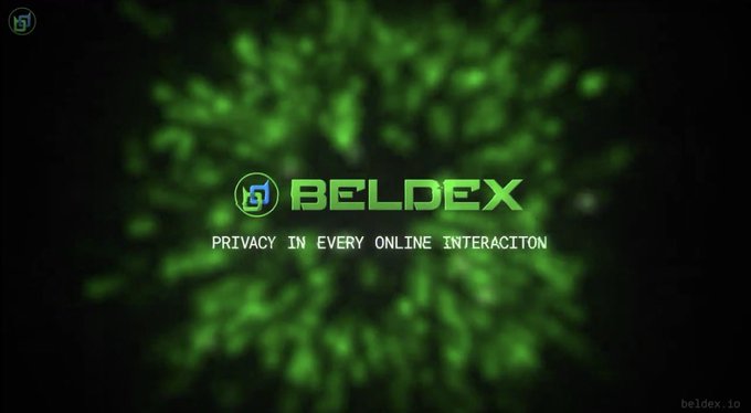 A green digital graphic with a radiating light effect in the background displays the 'BELDEX' logo and tagline 'PRIVACY IN EVERY ONLINE INTERACITON' (with a typo), along with 'beldex.io' in the corner.