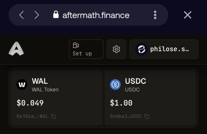 A screenshot of the aftermath.finance wallet interface showing WAL Token at $0.049 and USDC at $1.00, with a connected account labeled 'philose.s...'.
