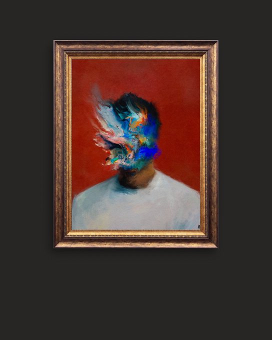 An ornate gold-framed painting of a figure whose face is obscured by a vibrant, abstract explosion of blue, pink, and yellow brushstrokes against a deep red background.