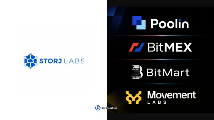A logo showcase featuring Storj Labs on a white background alongside a black panel displaying logos for Poolin, BitMEX, BitMart, and Movement Labs, watermarked by Cryptopolitan.