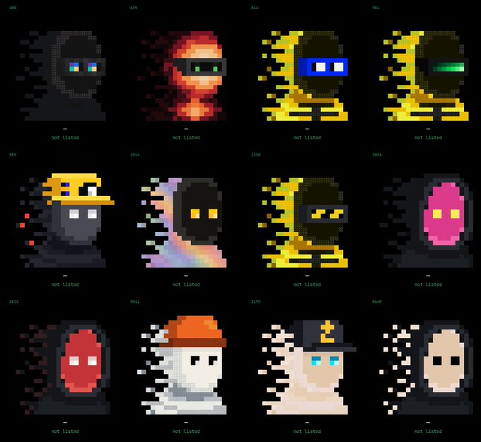 A grid of 12 pixel-art character portraits in various colors and styles, all labeled "not listed" with numerical IDs above them.