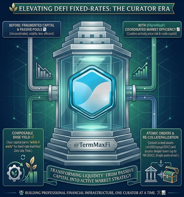 An infographic titled "ELEVATING DEFI FIXED-RATES: THE CURATOR ERA" compares fragmented passive capital models with @TermMaxFi's coordinated curator-driven approach, highlighting features like composable base yield, atomic orders, and collateralization with stcUSD/syrupUSDC. The image visually reinforces the post's message about TermMaxFi V2 transforming passive liquidity into active capital efficiency through its professional Curator Economy.