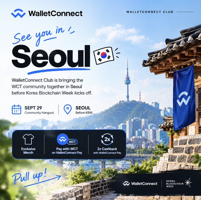 A promotional graphic for "WalletConnect Club" announcing an event in Seoul on "SEPT 29" before Korea Blockchain Week, featuring a background image of Seoul's Namsan Tower and a traditional Korean building with a WalletConnect flag.