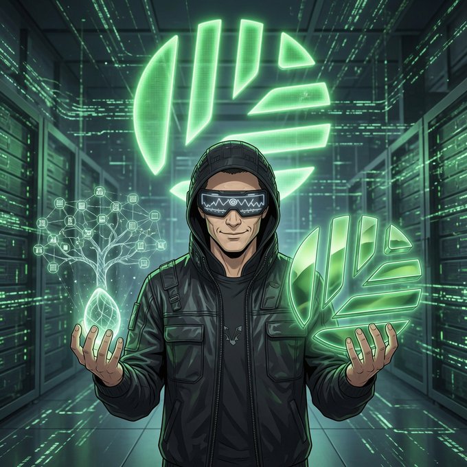 A digital illustration of a hooded figure wearing VR-style glasses in a server room, holding glowing green holographic projections of a tree and a digital logo.