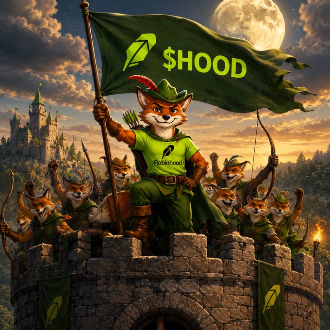 The image depicts a heroic fox dressed as Robin Hood, standing atop a castle battlement while waving a green flag labeled "$HOOD" and wearing a "Robinhood" branded shirt, surrounded by an army of fox archers under a full moon. This visually illustrates the #RobinHoodArmy post's rallying spirit, portraying the $HOOD token's potential billion-dollar valuation as a triumphant conquest led by Robin Hood and his loyal followers.