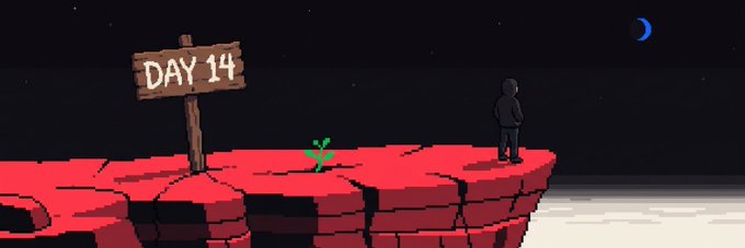 Pixel art scene showing a hooded figure standing on the edge of a red cliff beside a wooden sign reading "DAY 14," under a dark night sky with a crescent moon.