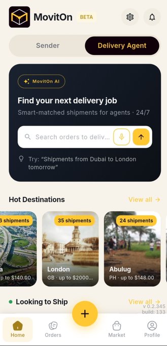 A mobile app screenshot for 'MovitOn BETA' in Delivery Agent mode, showing a search bar for orders and 'Hot Destinations' like London and Abiulug.